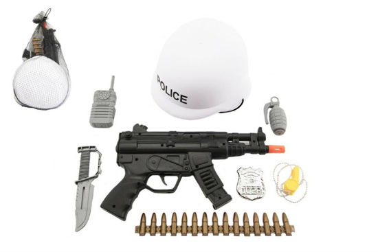 Obrázek z Sada policie helma+samopal na setrvačník s doplňky plast v síťce 